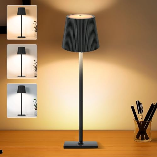 LED Tischlampe, Kabellos Mit Touch, 5200 mAh, 3 Farbtemperaturen, Höhenverstellbar, Nachttischlampe, Leselampe, Campinglampe, Tischleuchte, Akku Lampe, IP54 Wasserdichte Outdoor Lampe, Schwarz.