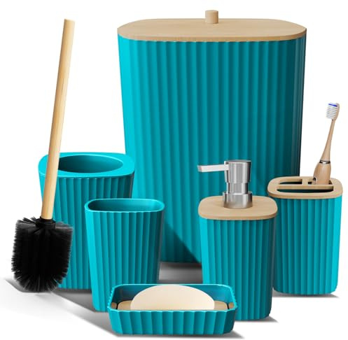 Clara Clark Bathroom Set - Teal Bathroom Accessories Set, 6PC Bathroom Accessory Set, Bathroom Sets with Toilet Brush, Trash Can & Soap Dispenser