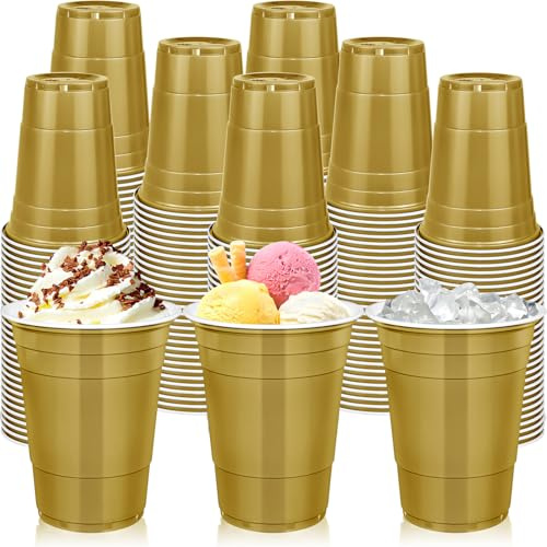 Kaxtde 120 Pcs Gold Party Cups Bulk, 480 ml Reusable Plastic Party Cup | Large Drinking Cup for Wedding Birthday Hen Party Stag Do Picnic BBQ Christmas