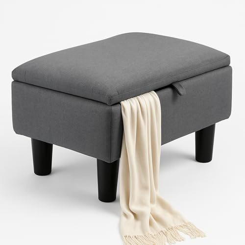 YORKING Footstool with Storage, Small Ottoman Stool, Fabric Footstool with Padded Seat, Sofa Footrest Extra Seating for Living Room Bedroom Entryway, 15.7×11.8×9.4, Dark Grey