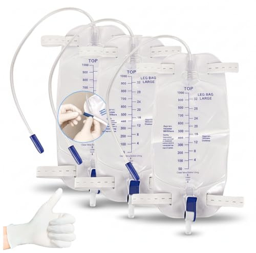 Leg Bag 1000mL/33.8oz – Urinary Catheter for Men, Women，Foley Catheter Leg Bag – Anti-Reflux Valve, Easy Flip Drain, 18 Tubing, Adjustable Leg Cloth Straps，3-Pack with 3 Pairs Gloves (1/Bag)