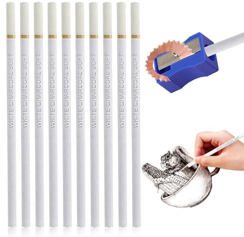 HAOQIAGA 10 Pcs White Charcoal Pencils, Professional White Pencils Drawing Set, Sketch Highlight Pencils for Drawing for Drawing, Sketching, Shading & Blending