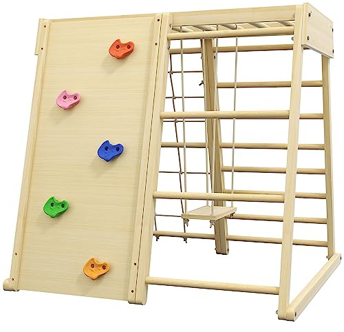 HOMCOM Aire de Jeux 5 en 1 pour Enfants Ensemble d'escalade avec balançoire, échelle Horizontale, Filet à Grimper et Mur d'escalade, 120 x 105 x 120 cm, Bois de hêtre Naturel