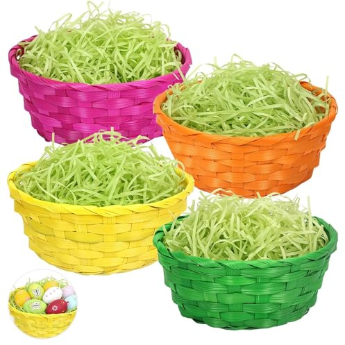 HGRGHH 4 Piezas Cestas de Pascua con Hierba Decorativa-19 x 8.5cm, Cesta Huevos Pascua para Niños, Pascua Regalos Canasta de bambú, Cesto Pasquale para Guardar Dulces, Galletas, Chocolate