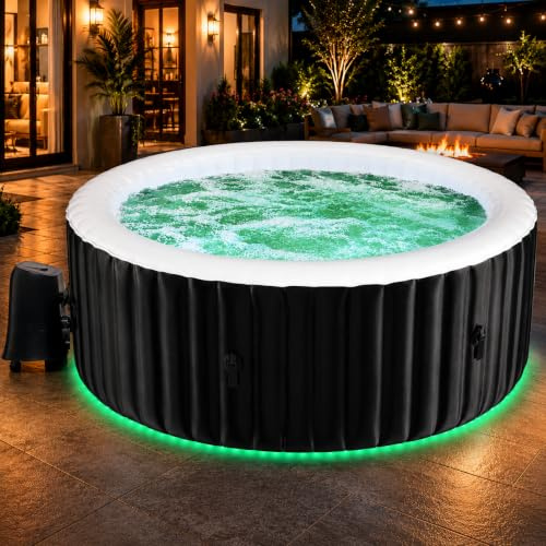 Aufblasbarer Whirlpool 2-4 Personen mit LED, Runder Outdoor Spa Pool Ø180 x 63 cm, Whirlpool Aufblasbar mit 120 Luftdüsen, 1800 W Heizung, Filter, Isolierabdeckung & Bodenmatte für Garten Terrasse