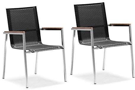 Zelsius 2X Premium Gartenstuhl aus Edelstahl mit Teak Holz Armlehne | 55 x 56 x 88 cm | schwarz | Balkonstuhl für Garten und Terrasse | Stapelbar und Wetterfest | Terrassenstuhl, Gartensessel, Balkon