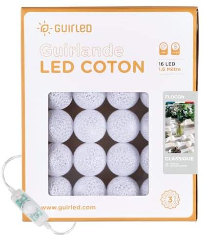 GuirLED - LED Baumwollkugeln Lichterkette USB - Baby Nachtlicht 2h - Dual USB 2A Netzteil enthalten - 3 Intensitäten - 16 Kugeln 1.6m - Flocon