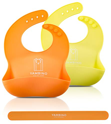 2er Set Babylätzchen mit Haltegurt 30x22cm - BPA-frei weiches Lätzchen Silikon Auffangschale - Kleckerfrei Essen mit Lätzchen Wasserdicht - einfache Reinigung, spülmaschinenfest YAMBINO® (Orange/Grün)