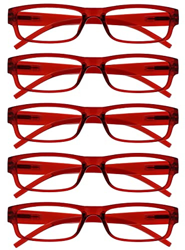 OPULIZE The Reading Glasses Company ACE Lunettes de Lecture Lot de 5 - Monture Étroite - Charnières à Ressorts - Rouge - Modèle Mixte Hommes Femmes - RRRRR32-Z - +1.00