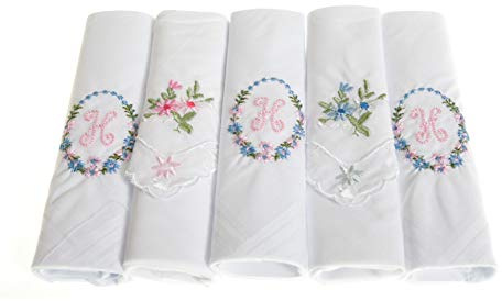 Damen-Taschentücher mit Initialen, bestickt, mit Satin-Bordüre und passenden floralen Handtaschen, verschiedene Buchstaben, 5 Stück Gr. 5 Packung, Buchstabe H