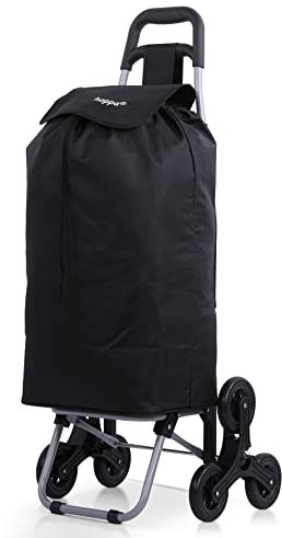 Hoppa Leichter Treppensteiger-Einkaufstrolley, 6 Räder, Modell 2024, zusammenklappbar, groß, 47 l Kapazität, zusammenklappbar, Einkaufswagentasche, 95 cm, 2 kg, Push/Pull mit 1 Jahr Garantie (schwarz)