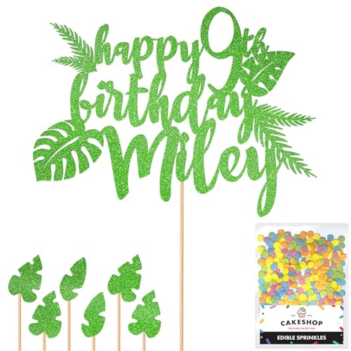 Personalised Birthday Jungle Themed Glitter Cake Topper- Green Any Custom Age & Name Glitter Cake Decoration and Sprinkles - Happy Birthday Decorations - Personalised Toppers for Cakes by Cakeshop