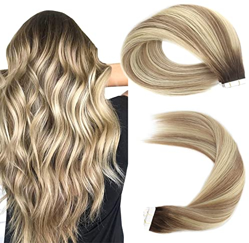 Sassina Echthaar Tape in Extensions 40cm Unsichtbare Tape in Haarverlängerungen aus Echthaar von Braunem Ansatz zu Blond Doppelseitig Klebende Echthaarverlängerungen 50g 20 Stück #R3-8P/613