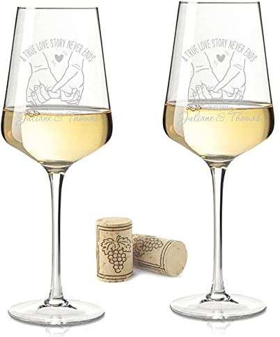 GRAVURZEILE Leonardo Puccini Weingläser - A True Love Story Never Ends im Set - Personalisiert mit Name & Datum - Geschenk für Sie & Ihn - Geschenk zur Hochzeit & Valentinstag - Farbe: Puccini
