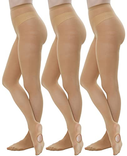 MANZI 3 Pairs Convertible Dance Tights for Women Transition Ballet Stockings Suntan Large-X-Large