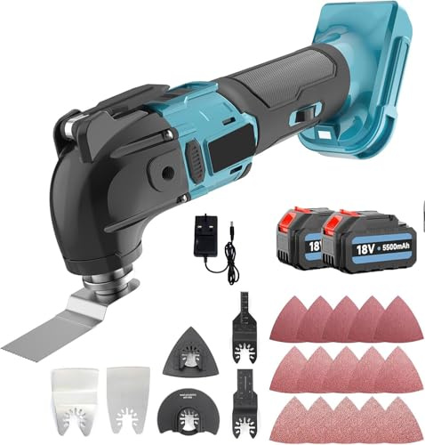 Strumento multifunzione a batteria, ricambio per Makita con batteria da 2 x 5500 mAh e caricabatterie, 22 pezzi, velocità variabile e angolo di oscillazione di 4° con motore a spazzola oscillante