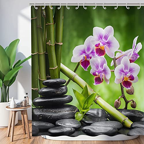 Hnmdmyi Duschvorhang Zen Garten 180x180, Spa Grüner Bambus Schwarzer Stein Lila Blume Badewanne Vorhang Japanische Meditation Entspannend Wasserdicht Polyester Stoff Waschbar Badevorhang mit Haken