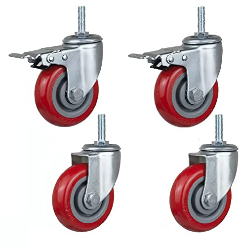 M12 × 60 Schraube mit langem Gewinde Lenkrollen Schwerlast-Rollen Belastung 300-400kg Mit Bremse Geräuscharmes PU 3'' 4'' 5 Zoll Schwenkbare Rollen für Gerüstbau Möbel Rollwagen Werkbank 4 Stück