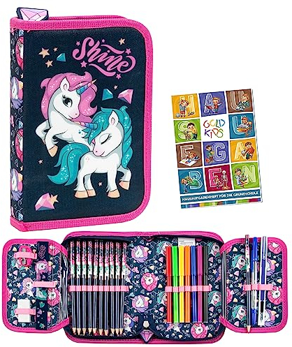 Goldkids Federmappe Federmäppchen Federtasche mit Inhalt 22-teilig Buntstifte Kugelschreiber Lineal Anspitzer Fasermaler Radiergummi Einhorn Unicorn Motiv inkl Hausaufgabenheft