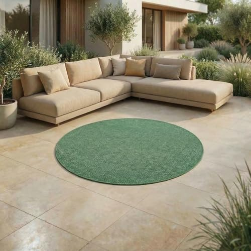 Jimri In- & Outdoor Teppich - Wetterfester Teppich für Balkon, Terrasse, Garten, Wohnzimmer, Küche - Strapazierfähiger Bodenteppich, Widersteht UV-Strahlen & Wasser - Größe 160 cm Rund, Grün