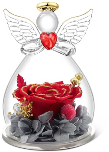 Qinqinxin Ewige Rose in Glaskuppel mit roter Herz-Engel-Form | Infinity Rose Engel Figur, Geschenk für Mama, Oma & Freundin, zum Muttertag, Geburtstag, Valentinstag & Weihnachten