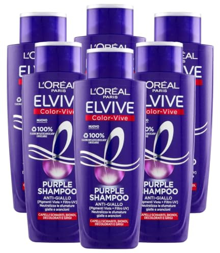 L'Oréal Paris Elvive Color Vive Purple Anti-Gelb-Shampoo für graues und blondes Haar, gebleicht, neutralisiert gelbe und orange Farbtöne – 6 Flaschen à 200 ml