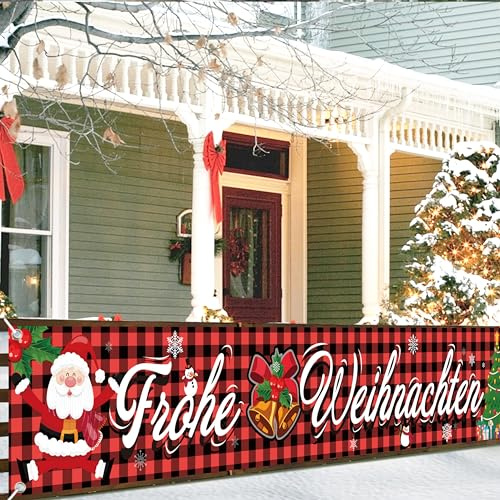 Frohe Weihnachten Banner, Weihnachtsbanner Outdoor Indoor, Merry Christmas Banner, Weihnachts Türdeko für Weihnachtsfeier Deko, Neujahr Party 50 * 300cm (Deutsch-Rot)