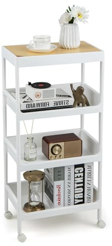 HOMASIS Carrello ausiliario con 3/4 livelli, carrello di servizio con ruote e vassoio rimovibile, carrello multiuso, carrello per soggiorno, camera, ufficio, 40 x 26 x 61/84 cm, bianco (4 livelli)