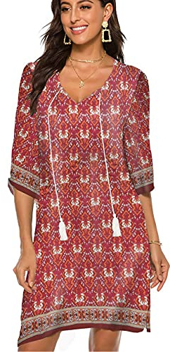 BDTECAOR Dam, vintage, etnisk stil, blommönster, bohemisk tunika, klänning, V-ringad, 3/4-ärm, strandklänningar, sommarklänningar
