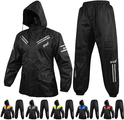 BYKR Wasserdichter Motorrad-Regenanzug für Damen und Herren, 2-teilig, atmungsaktiv und winddicht, Schutz vor nassem Wetter, Schwarz, 5X-Large