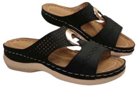 Claquettes Sandales Orthopedique Femmes Été Pantoufles Bohême Compené Claquette Respirant Confort Anti-dérapant Pantoufle Rétro Évidé à Soutien Plantaire Chaussons pour Maison Jardin Piscine Plage