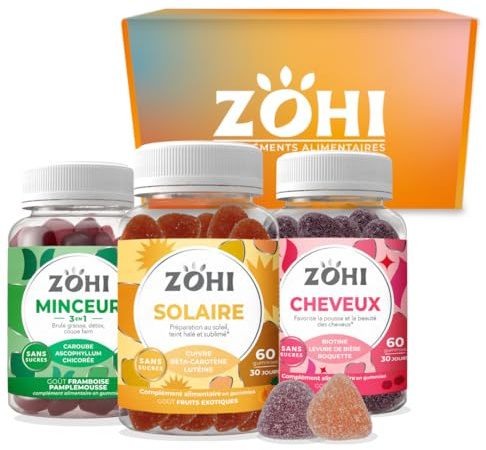 Zohi -Coffret Eté Compléments Alimentaires 1 pilulier Zohi Minceur - 1 pilulier Zohi Solaire - 1 pilulier Zohi Cheveux - 3 x 60 gommes - ZOHI - Fabriqué en France - Sans sucres