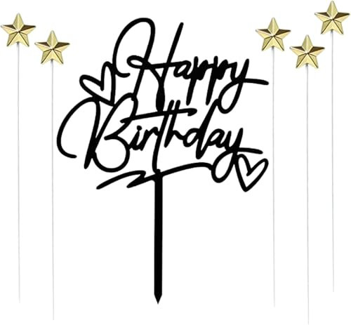 Toppers per Torta di Compleanno, Nero Happy Birthday Decorazione Torta e 5 Pezzi Oro Decorazione Torta Stella, Buon Compleanno Decorazioni Torta, Cake Topper per Baby Shower Matrimonio Compleanno