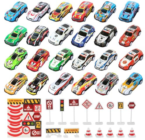 kayqbonke 24 Stück Mini Auto Set, 6,8x3,3x1,8cm Metall Stunt Spielzeugauto mit 15 Barrikaden, Zufälliger Stil, Metall Kleine Spielzeugautos Können für Kindergeschenke