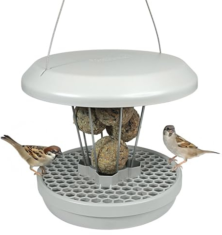 SWISSINNO Fågelmatare för talgbollar “Lucerne” Smart Birds – Mata fåglarna, inte gnagare – Uppsamlingsbricka minskar spill - Robust ASA + rostfritt stål – För upphängning - Ljusgrå