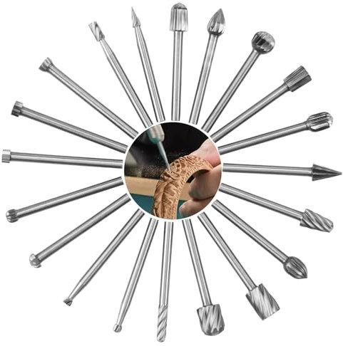 Wood Carving Bits Set for Dremel Rotary Tool - 20Pcs HSS Burrs With 3mm Shank for Woodworking, Engraving, Drilling, Grooving