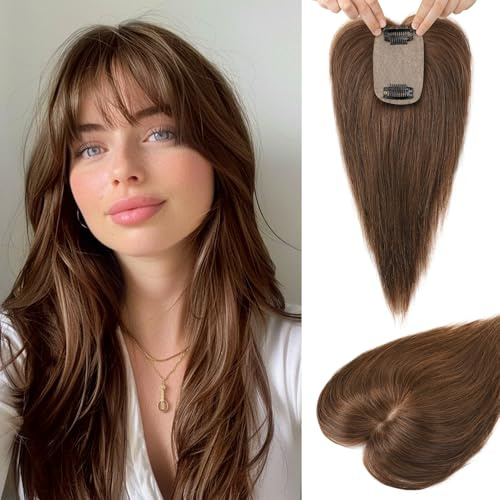 Flufymooz Real Human Hair Toppers for women Echthaar-Topper für Frauen, 26 cm Clip-in-Pony, 100% Echthaar-Topper für dünner werdendes Haarteil, Cover-Haarteil mit 150%, Seidenbasis-Mittelbraun