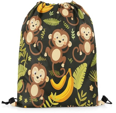 Rucksack Mit Kordelzug Cartoon AFFE Kawaii Wildtier Schwarz Schuhbeutel wasserdichte Turnbeutel Verstellbar Gymnastikbeutel, Für Reisen, Yoga, 36x42cm