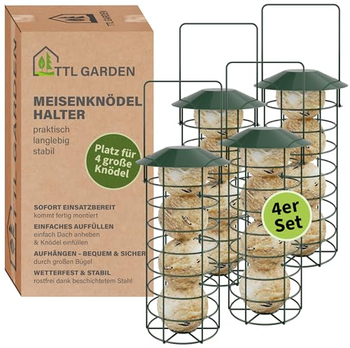 TTL Garden 4er Set 31cm Meisenknödelhalter mit Dach - rund Ø 8cm Stahl grün | - Meisenknödel Halter für Wildvögel pulverbeschichtet & rostfrei - Futterstelle Vogelfutterspender für Garten Balkon Terrasse