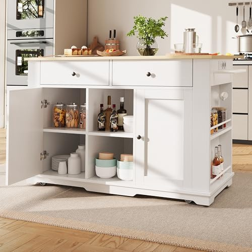Ymkua Küchenwagen, Kücheninsel Küchenschrank, Anrichte mit Arbeitsplatte klappbar, Eiche Maserung, Esswagen Anrichte mit Steckdosenleiste Ausgestattet für Küche und Haus, 151.5x59.7x91.7 cm (Weiß)