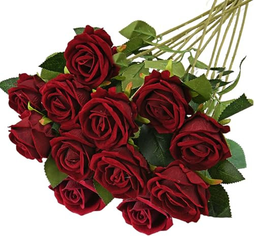 RXKFIGX 12 Pcs Artificial Roses Fake Single Stem Blooming Rose 51 * 7 cm Artificial Silk Rose Flower Wine Red Fake Roses Artificial Flowers for Home Garden Party Hotel Office Decor（Wine red rose）