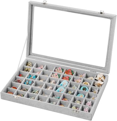 Frebeauty 48 Grid Jewellry Tray,Adjustable Earring Holder Organiser with Glass Lid,Velvet Drawer Jewellry Organiser for Rings,Studs,13.8 x 9.5 x 2 Inches Jewellry Display Box,Gift for Women(Grey)