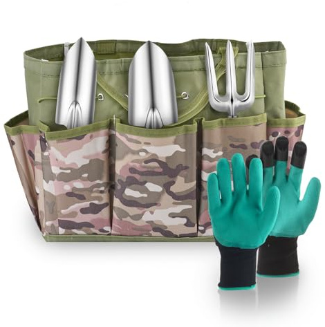 Saraily Lot de 5 outils de jardinage robustes avec sac à main durable et gants en caoutchouc antidérapants, cadeau de jardin idéal pour femme, maman