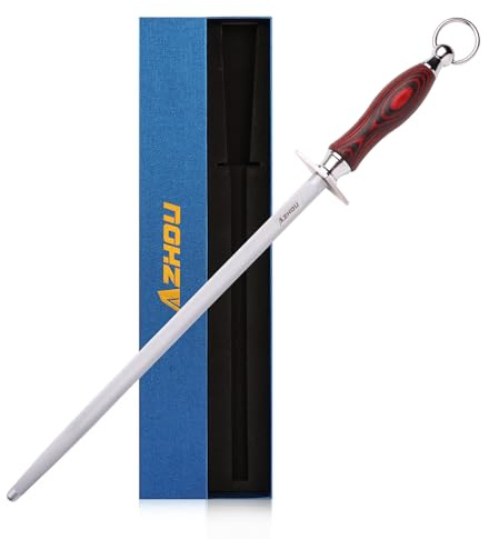 Azhou 12 Inch Superfine Honing Steel, HRC 65±1, T12 Carbon Steel with Sand Blasting, Knife Sharpening Kit with Wooden Handle, Professional Knife Sharpener | T12 Carbon Steel (HRC 65±1), Fine 200 Grit for Kitchen & Chef Knives, Non-Slip Wooden Handle, Gift Box