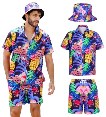 Joyesplay Camicia hawaiana da uomo 3 pezzi Outfit hawaiano da uomo con camicia fenicottero shorts cappello da pescatore Camicie hawaiane per estate spiaggia camicia festa in piscina, Lilla, M
