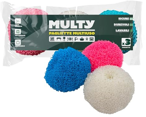 MULTY set de 3 estropajos de colores antirayaduras – para platos, ollas, parrillas, baño, ducha, azulejos, suelos – reutilizables y lavables hasta 100 veces – 100% poliéster y reciclables