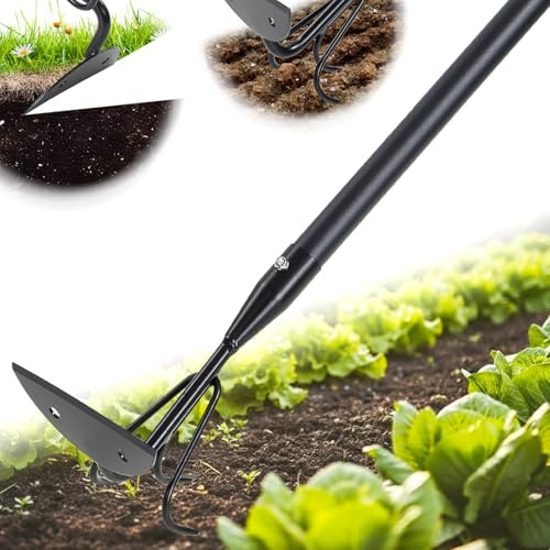 Zappa da giardino 2 in 1 per diserbo e coltivatore, zappa da giardino resistente da 132,1 cm con rastrello a 3 denti, manico lungo, strumenti per la rimozione delle erbacce per giardinaggio