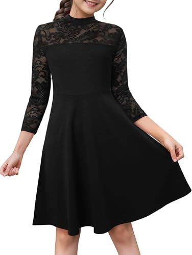 HOMEYEE Vestido de Niña de Encaje Floral Línea A Manga 3/4 hasta la Rodilla Vestidos Elegantes Festivos para Niños Vestido de Fiesta para Boda de 9-14 Años (13-14 Años, Negro)