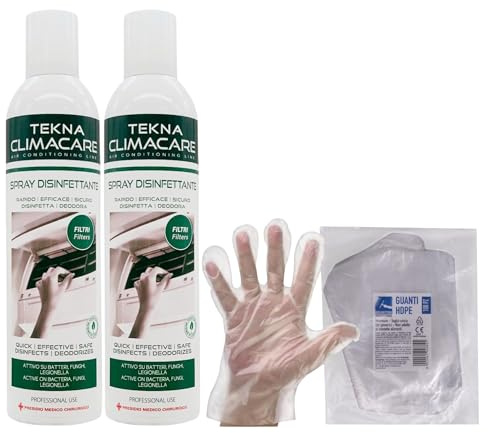 Spray Igienizzante Per Climatizzatori, Adatto Anche per Sistemi di Condizionamento Dell'Aria, con Azione Deodorante, Formato da 400ml + 100pz Guanti HDPE Monouso (2 Spray + Guanti Monouso)