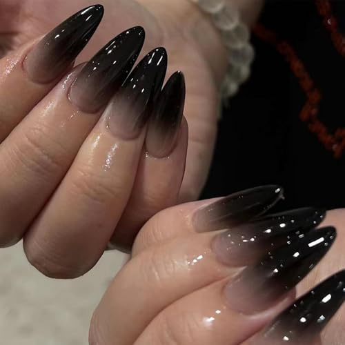 Gothic False Nails, 24-Piece Medium Stiletto Press-On Set, Black Ombré | Translucent Nude-To-Smoky Grey Base, Glossy Dark Tips, Pre-Designed Gradient, For At-Home Manicures And Themed Outfits